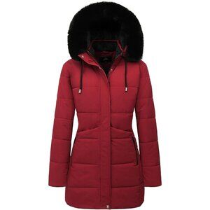 Women's Red Winter Puffer Coat Thicken Fleece Lined Down Jacket Waterproof